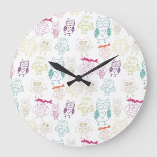 Reloj Redondo Grande Búhos multicolores del Doodle