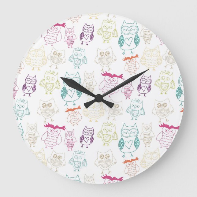 Reloj Redondo Grande Búhos multicolores del Doodle (Anverso)