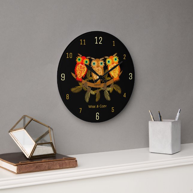 Reloj Redondo Grande Búhos Negros Wise & Cozy (Oficina)