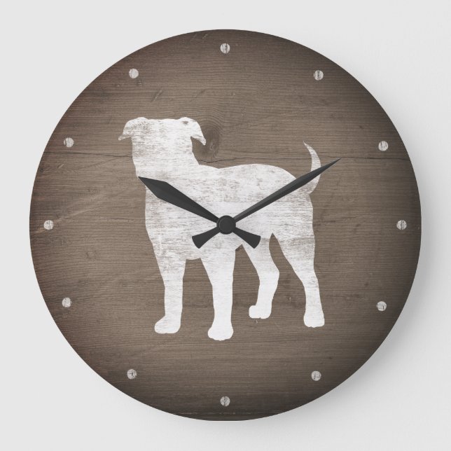 Reloj Redondo Grande Bulldog americano Silhouette Faux Rustic Wood (Anverso)