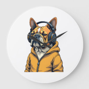 Reloj Redondo Grande Bulldog Antiguo con Auriculares que Lleva Sudadera