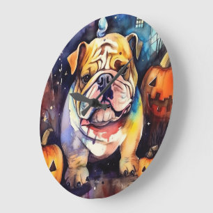Reloj Redondo Grande Bulldog de Halloween con calabazas temerosas