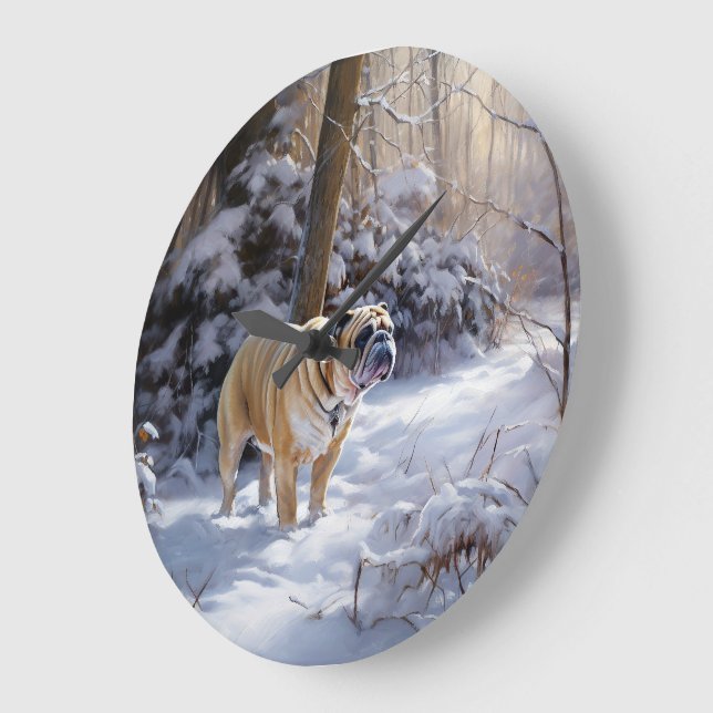 Reloj Redondo Grande Bulldog Dejar Que Nieva Navidades Cepillado (Ángulo)