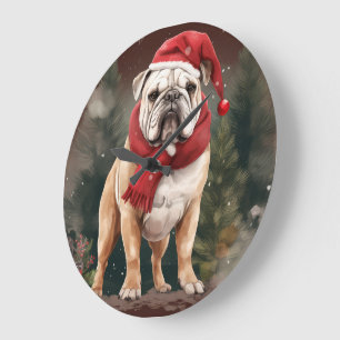 Reloj Redondo Grande Bulldog en la Navidad de Nieve