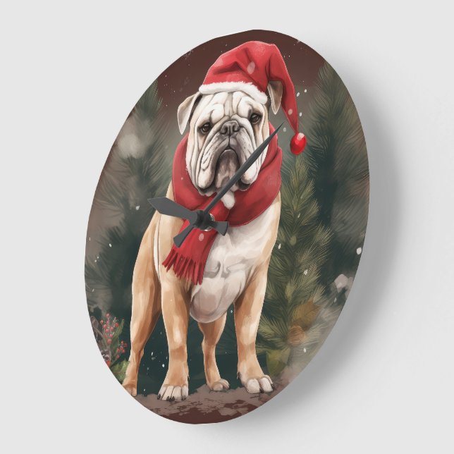 Reloj Redondo Grande Bulldog en Navidades de nieve (Ángulo)