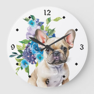 Reloj Redondo Grande Bulldog francés Blue Floral Bouquet