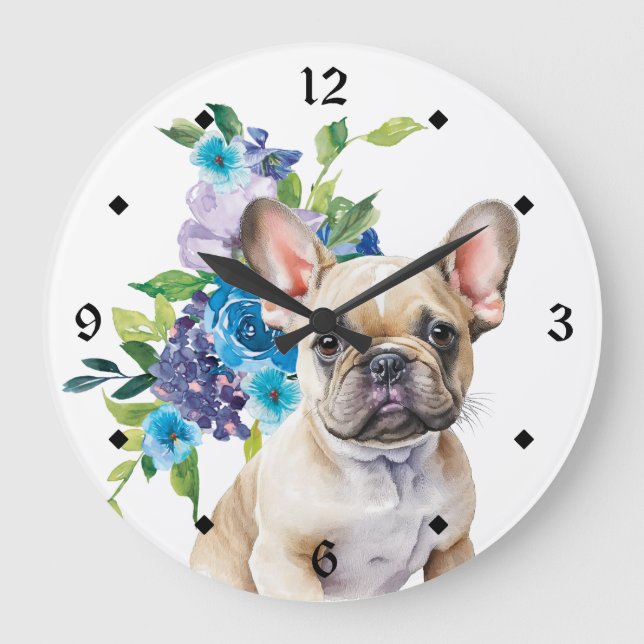 Reloj Redondo Grande Bulldog francés Blue Floral Bouquet (Anverso)