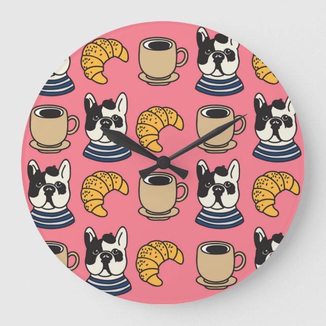 Reloj Redondo Grande Bulldog francés, café y croissant. (Anverso)