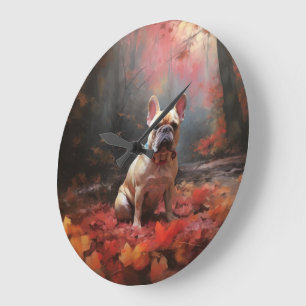 Reloj Redondo Grande Bulldog Francés en otoño las hojas caídas inspiran