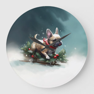 Reloj Redondo Grande Bulldog Francés Navidad nieve invierno