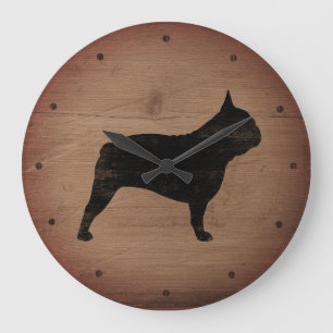 Reloj Redondo Grande Bulldog francés Silhouette Faux Wood Rustic Style