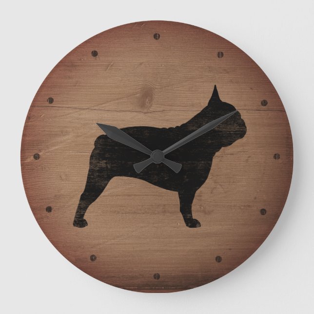 Reloj Redondo Grande Bulldog francés Silhouette Faux Wood Rustic Style (Anverso)