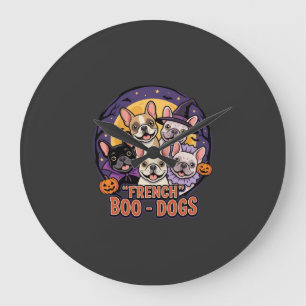 Reloj Redondo Grande Bulldog Francés Vector de Perros Boo de Halloween