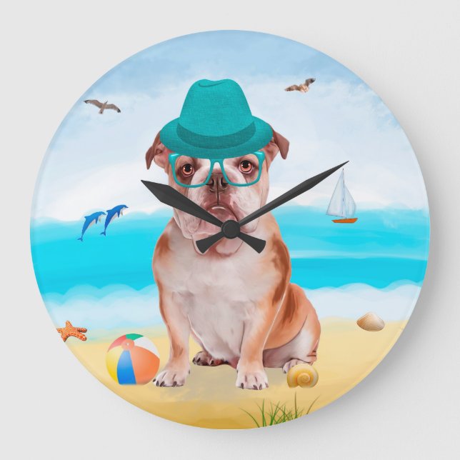 Reloj Redondo Grande Bulldog inglés en la playa (Anverso)