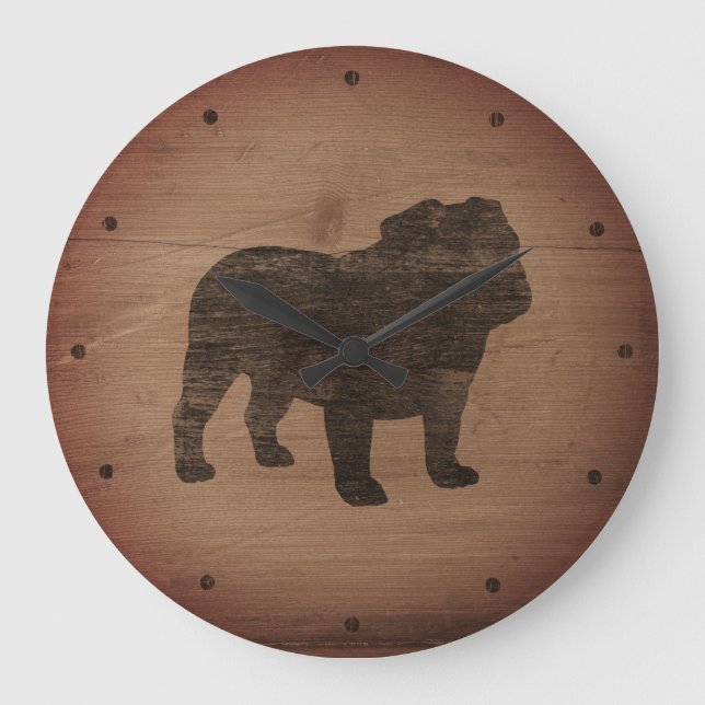 Reloj Redondo Grande Bulldog inglés Silhouette Faux Weathered Wood (Anverso)