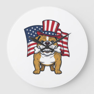 Reloj Redondo Grande Bulldog Patriótico Con Diseño De Vector De Bandera