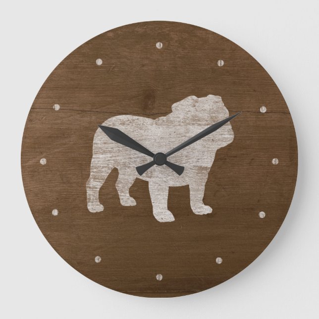 Reloj Redondo Grande Bulldog Silhouette | Faux Weathered Wood Dog Raza (Anverso)
