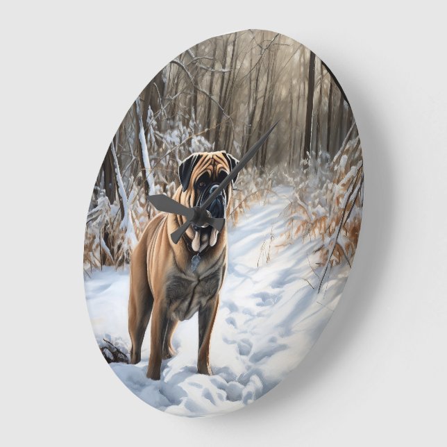 Reloj Redondo Grande Bullmastiff deja que nieve Navidades (Ángulo)