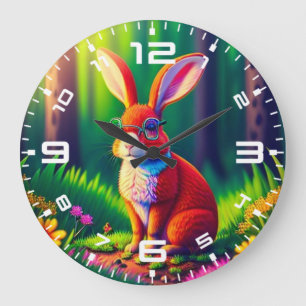 Reloj Redondo Grande Bunny rojo sentado en la hierba