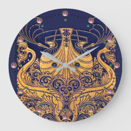 Reloj Redondo Grande Buque antiguo, delfines, oro, azul marino