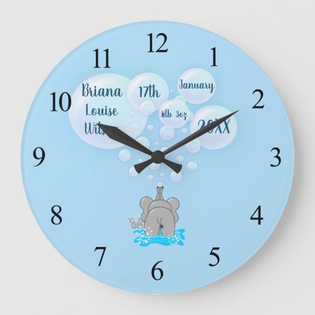 Reloj Redondo Grande Burbujas que soplan del elefante lindo del bebé (Anverso)