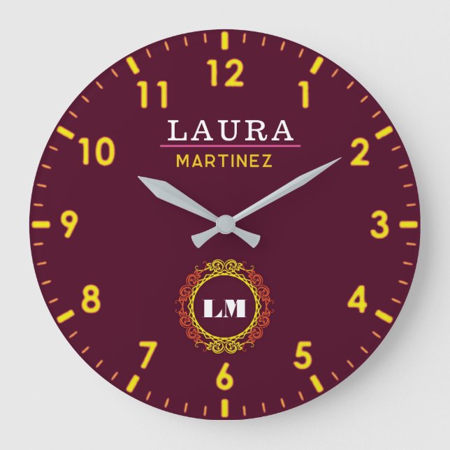 Reloj Redondo Grande Burgundy and Gold Personalized Custom Monogram  (Anverso)