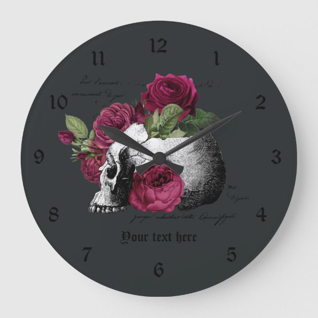 Reloj Redondo Grande Burgundy Floral Skull Gothic Skull (Anverso)