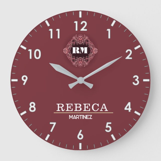 Reloj Redondo Grande Burgundy Red and Gold Personalized Custom Monogram (Anverso)