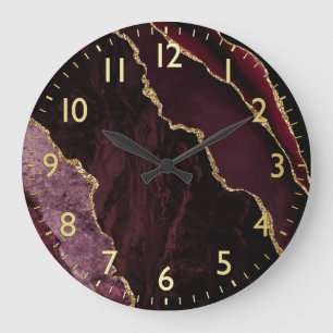 Reloj Redondo Grande Burgundy Red & Gold Faux Purpurina Marble Agate