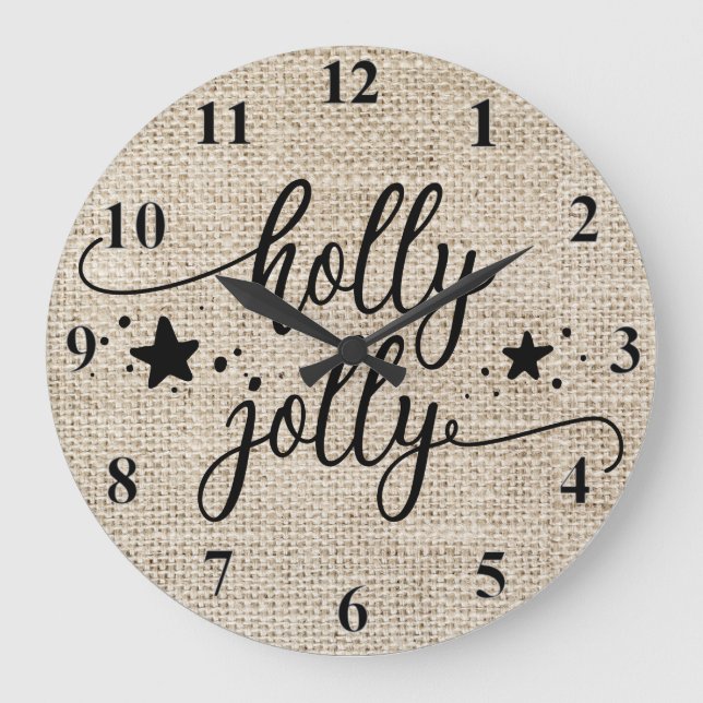 Reloj Redondo Grande Burlap ruso con Holly Jolly Clock (Anverso)