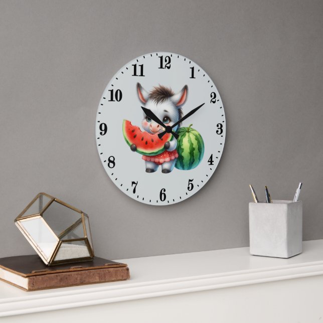 Reloj Redondo Grande Burro amantes de sandía lindos (Oficina)