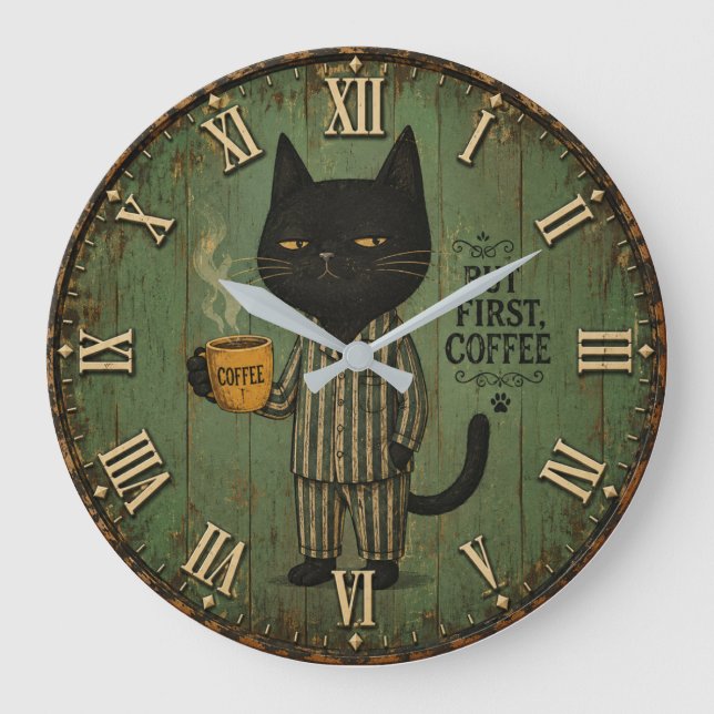 Reloj Redondo Grande But First Coffee Black Cat (Anverso)
