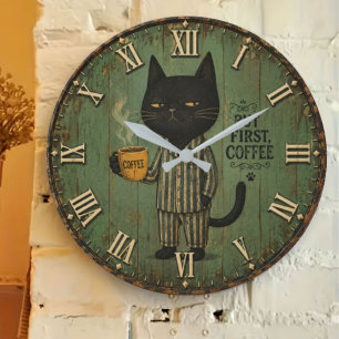 Reloj Redondo Grande But First Coffee Black Cat