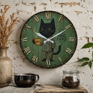 Reloj Redondo Grande But First Coffee Black Cat