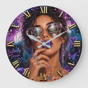 Reloj Redondo Grande Butterfly Dream Woman Portrait Purple Butterflies