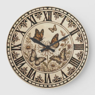 Reloj Redondo Grande Butterfly Garden Wall Clock – Wood-Burned style 