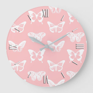 Reloj Redondo Grande Butterfly sketch, shell pink and white