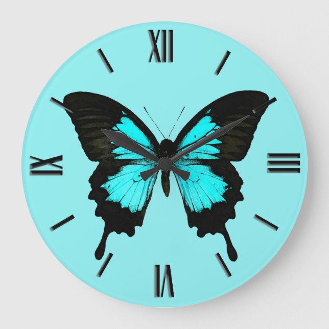 Reloj Redondo Grande Butterfly - turquoise blue and black (Anverso)