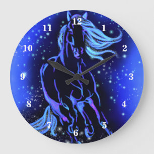 Reloj Redondo Grande Caballo Azul Neon Corriendo En Noche Estrellada Co