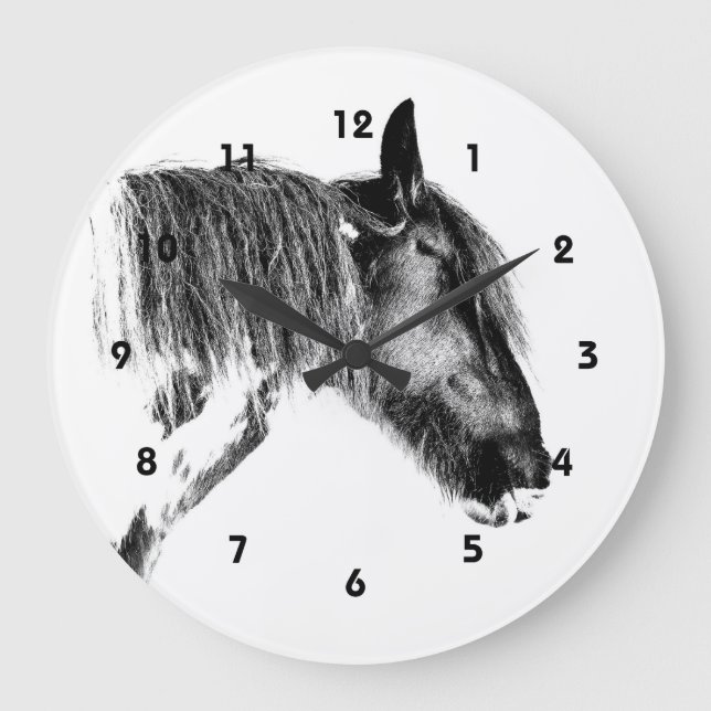 Reloj Redondo Grande Caballo blanco y negro (Anverso)