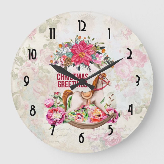 Reloj Redondo Grande Caballo de balancín de juguetes y poinsettias (Anverso)