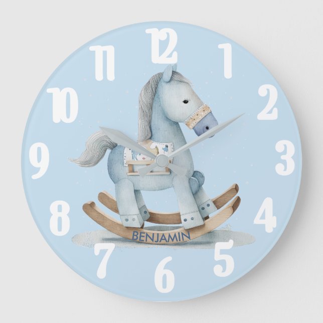 Reloj Redondo Grande Caballo de Balanza Encantador Bebé Niño Azul Nombr (Anverso)