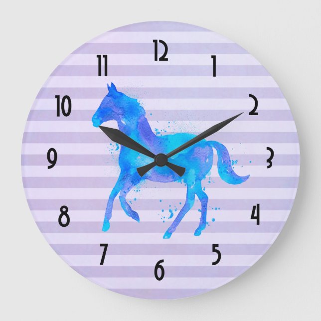 Reloj Redondo Grande Caballo de la acuarela en rayas horizontales (Anverso)