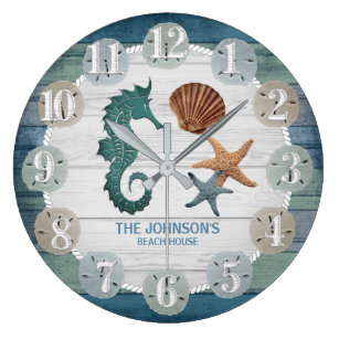 Reloj Redondo Grande Caballo de mar y madera de playa Nautical - Azul o
