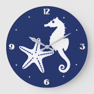 Reloj Redondo Grande Caballo de mar y pez estrella - azul marino y blan