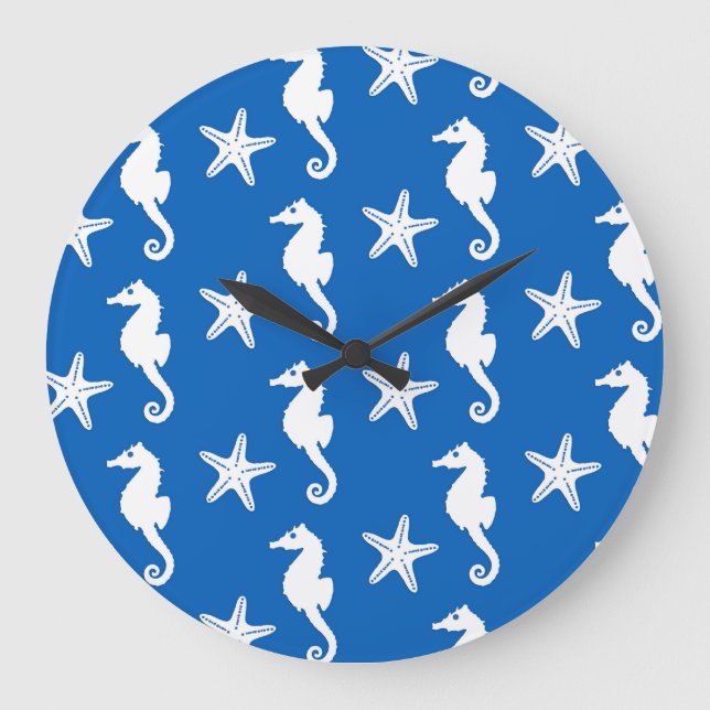 Reloj Redondo Grande Caballo de mar y pez estrella - blanco sobre azul  (Anverso)
