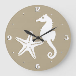 Reloj Redondo Grande Caballo de mar y pez estrella - blanco sobre el ma