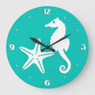 Reloj Redondo Grande Caballo de mar y pez estrella - blanco sobre turqu