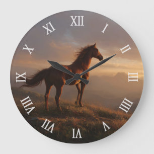 Reloj Redondo Grande Caballo de Mustang mirando la puesta del sol