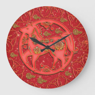 Reloj Redondo Grande Caballo Floral de Oro Rojo Año Nuevo Chino 2026